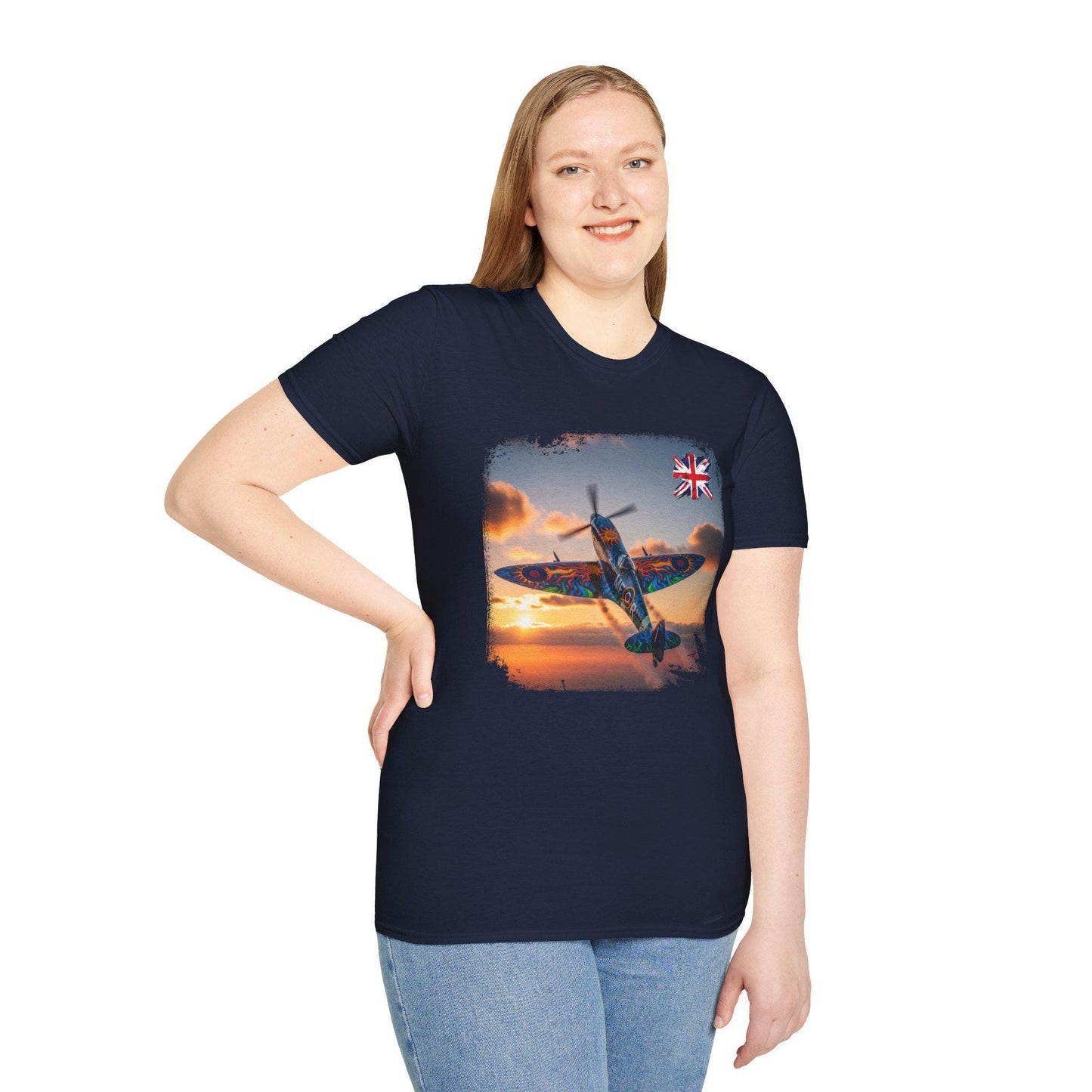 Spitfire at Sunset T-Shirt | RAF Fighter Plane, British Flag