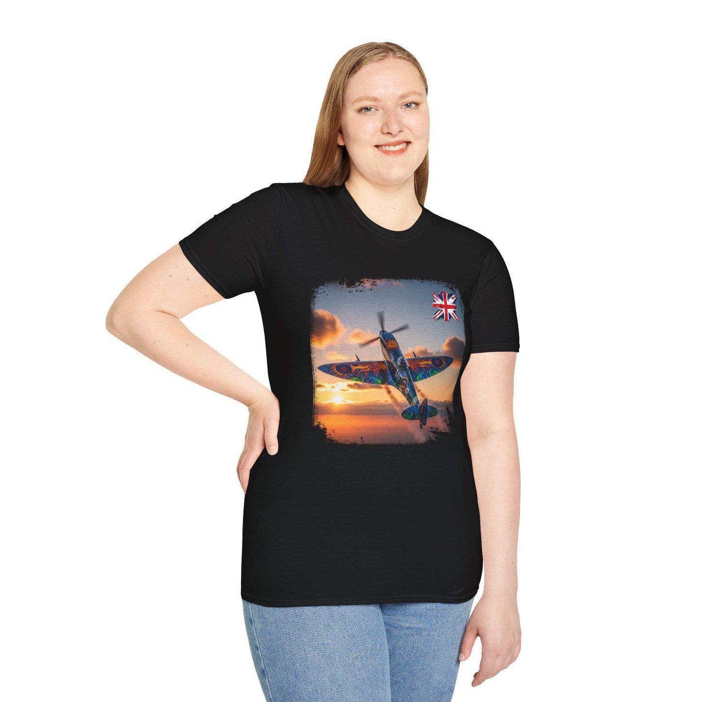 Spitfire at Sunset T-Shirt | RAF Fighter Plane, British Flag