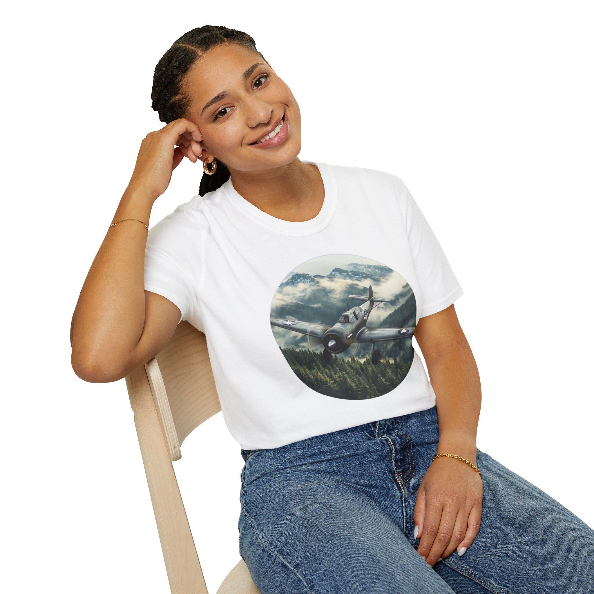 Sporty Bush Pilot Aircraft In Flight Unisex Softstyle Tee, Aviation Tshirt, Airplane Graphic Shirt, Pilot Gift, Flying T-Shirt