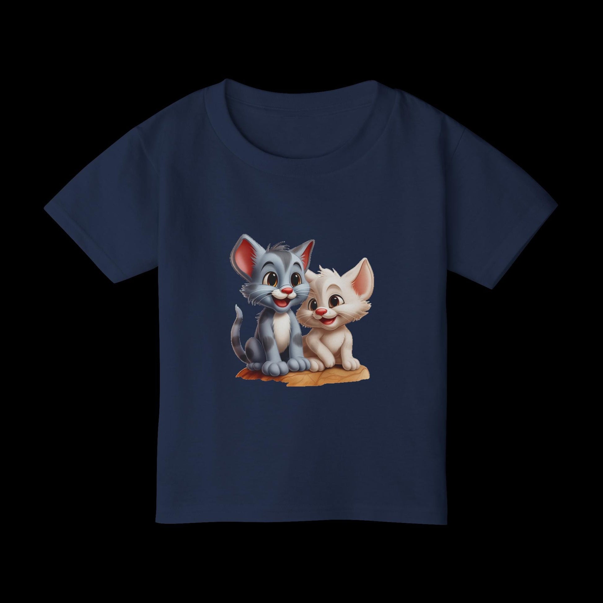 Navy blue t-shirt with cartoon cats on a blue background