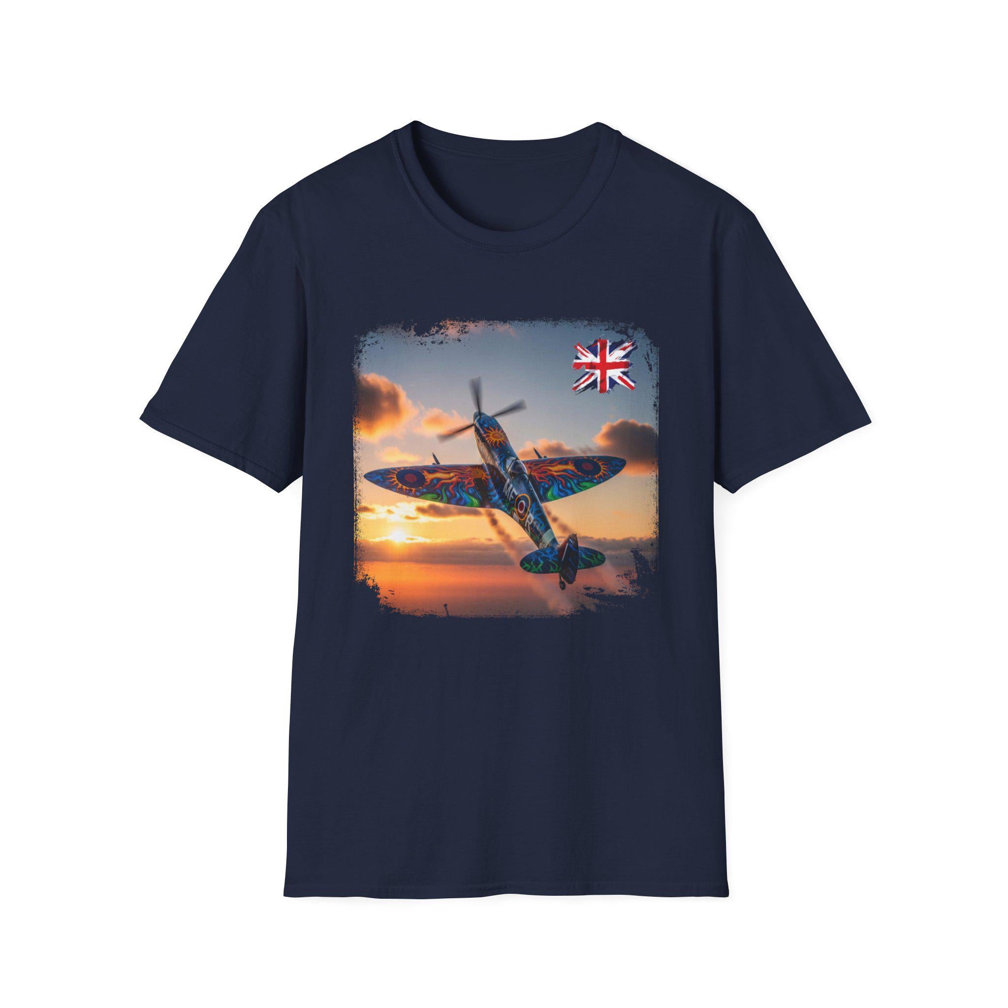 Spitfire at Sunset T-Shirt | RAF Fighter Plane, British Flag