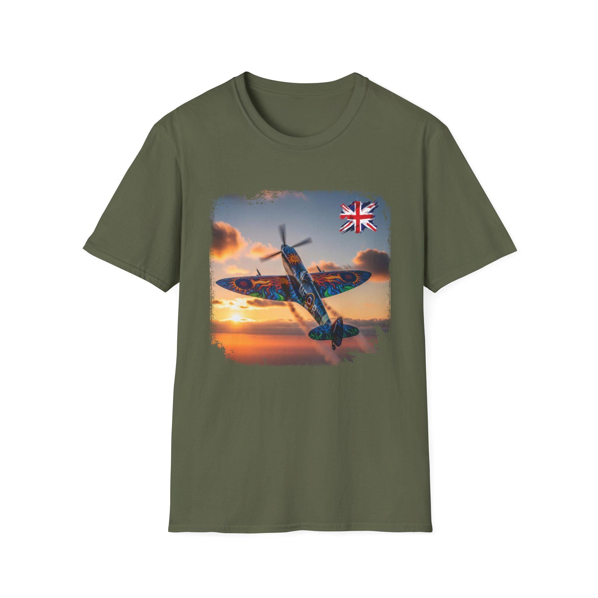 Spitfire at Sunset T-Shirt | RAF Fighter Plane, British Flag