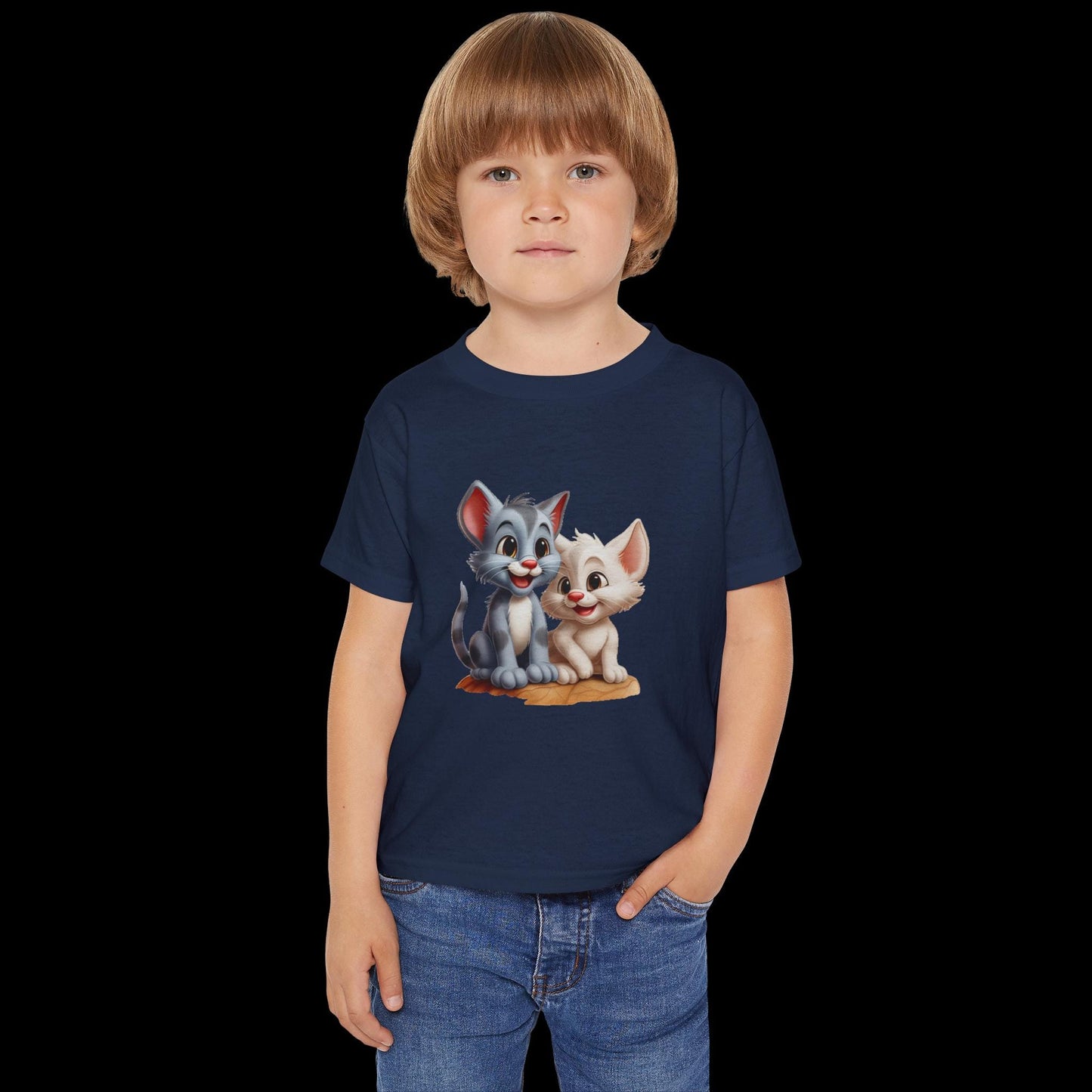 Child wearing a navy blue t-shirt with cartoon characters on a blue background