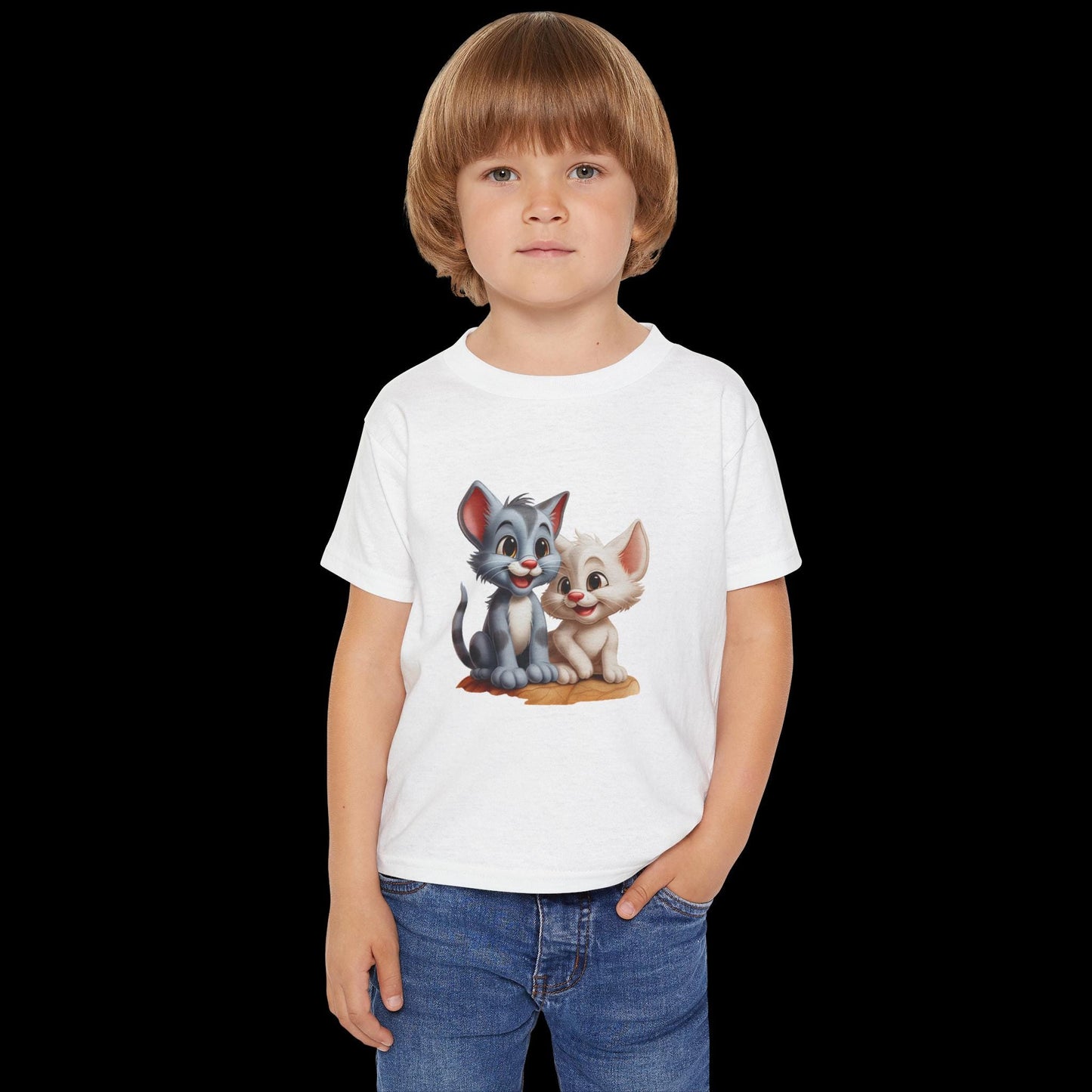 Child wearing a white t-shirt with cartoon characters on a white background
