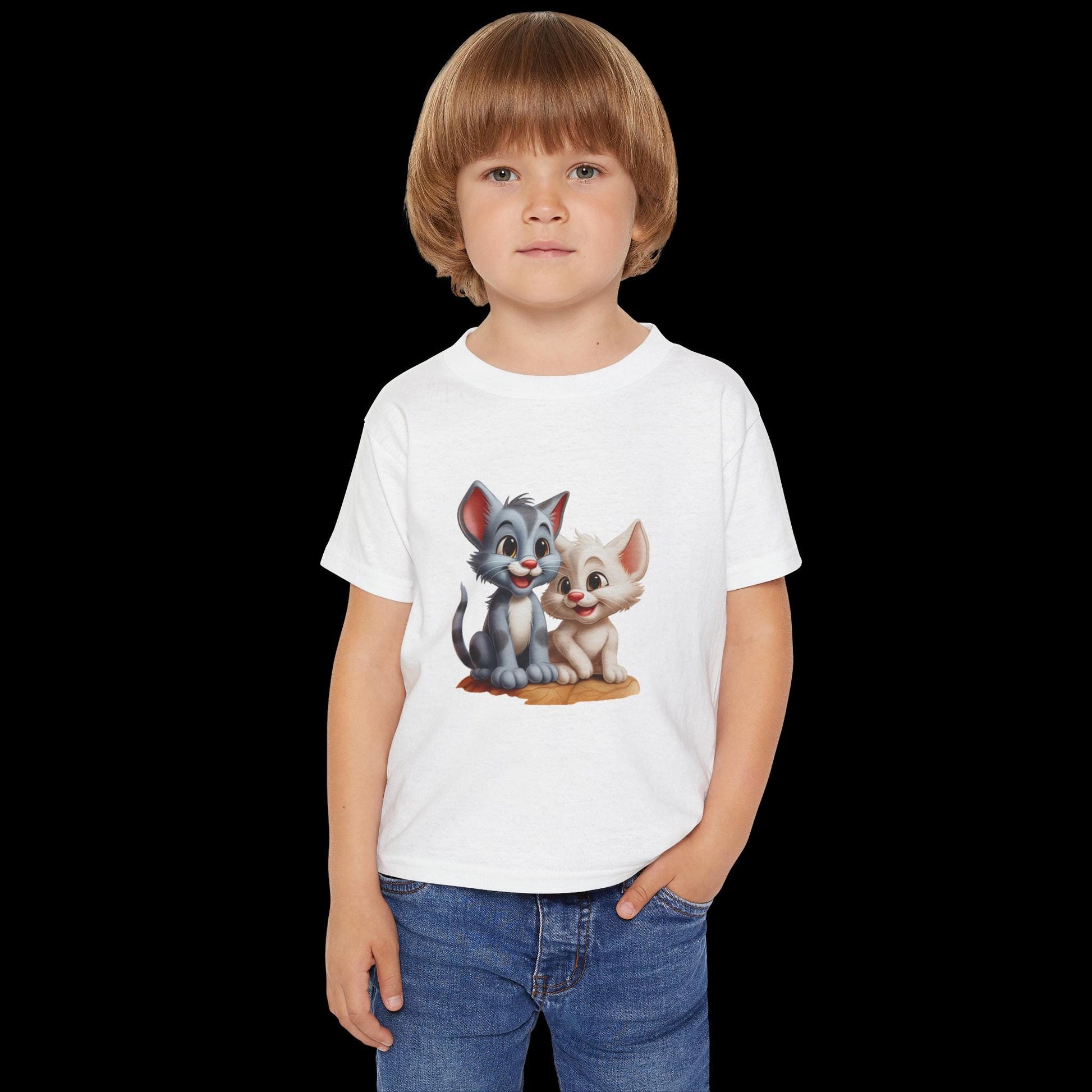 Child wearing a white t-shirt with cartoon characters on a white background