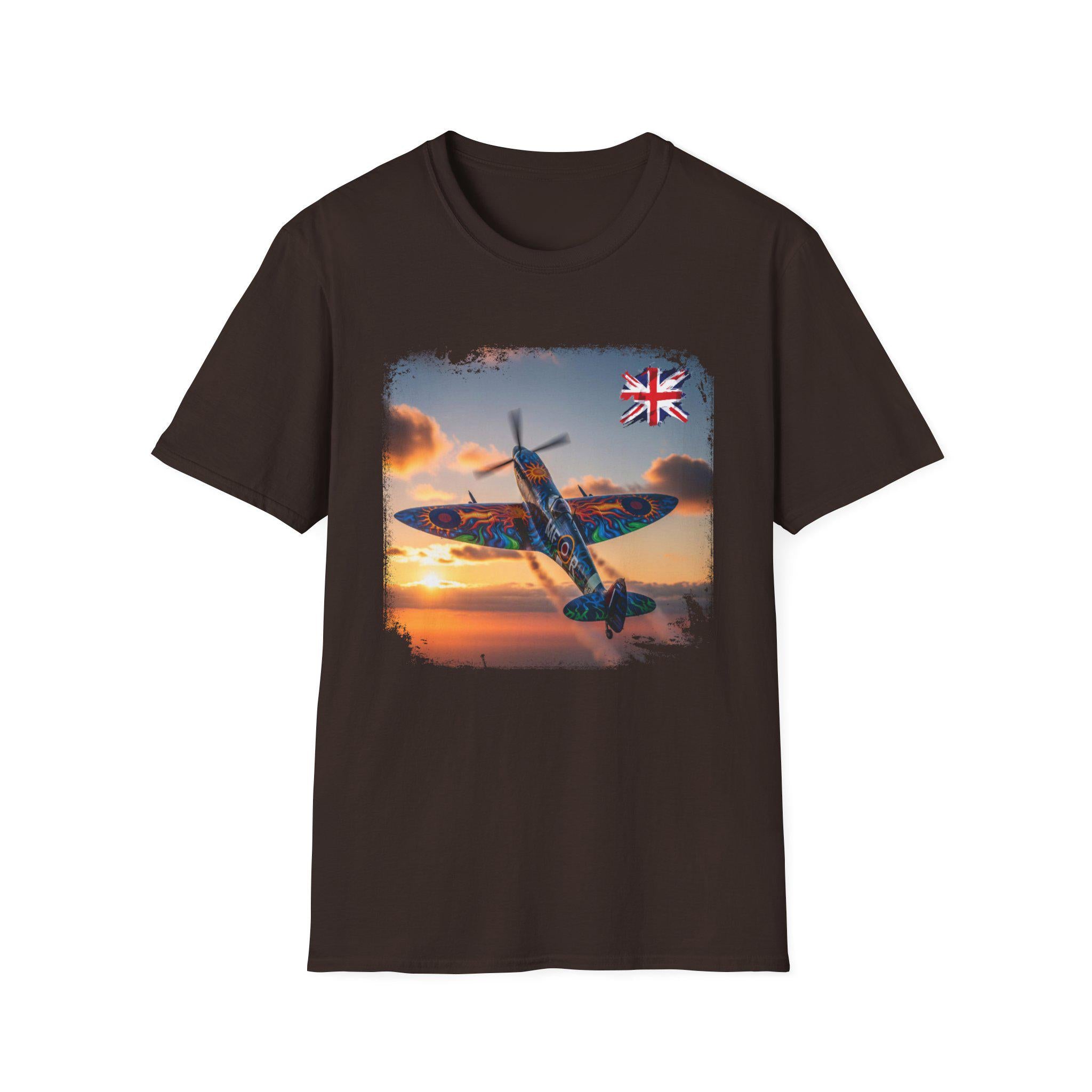 Spitfire at Sunset T-Shirt | RAF Fighter Plane, British Flag