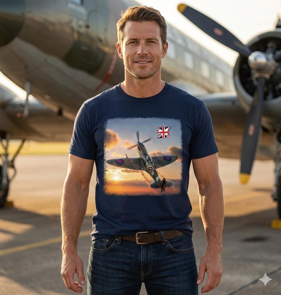 Spitfire at Sunset T-Shirt | RAF Fighter Plane, British Flag