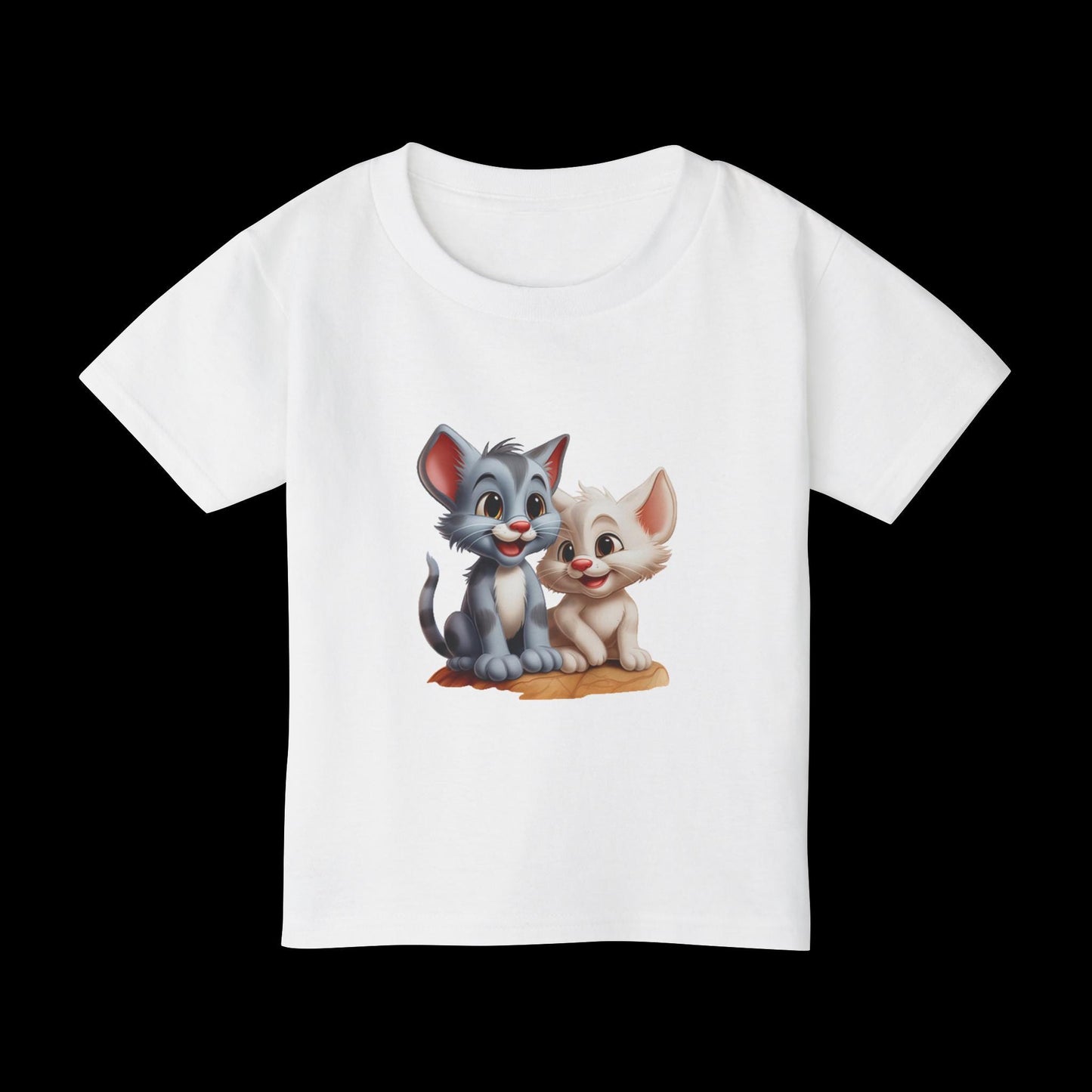 White t-shirt with cartoon cat and dog design on a white background