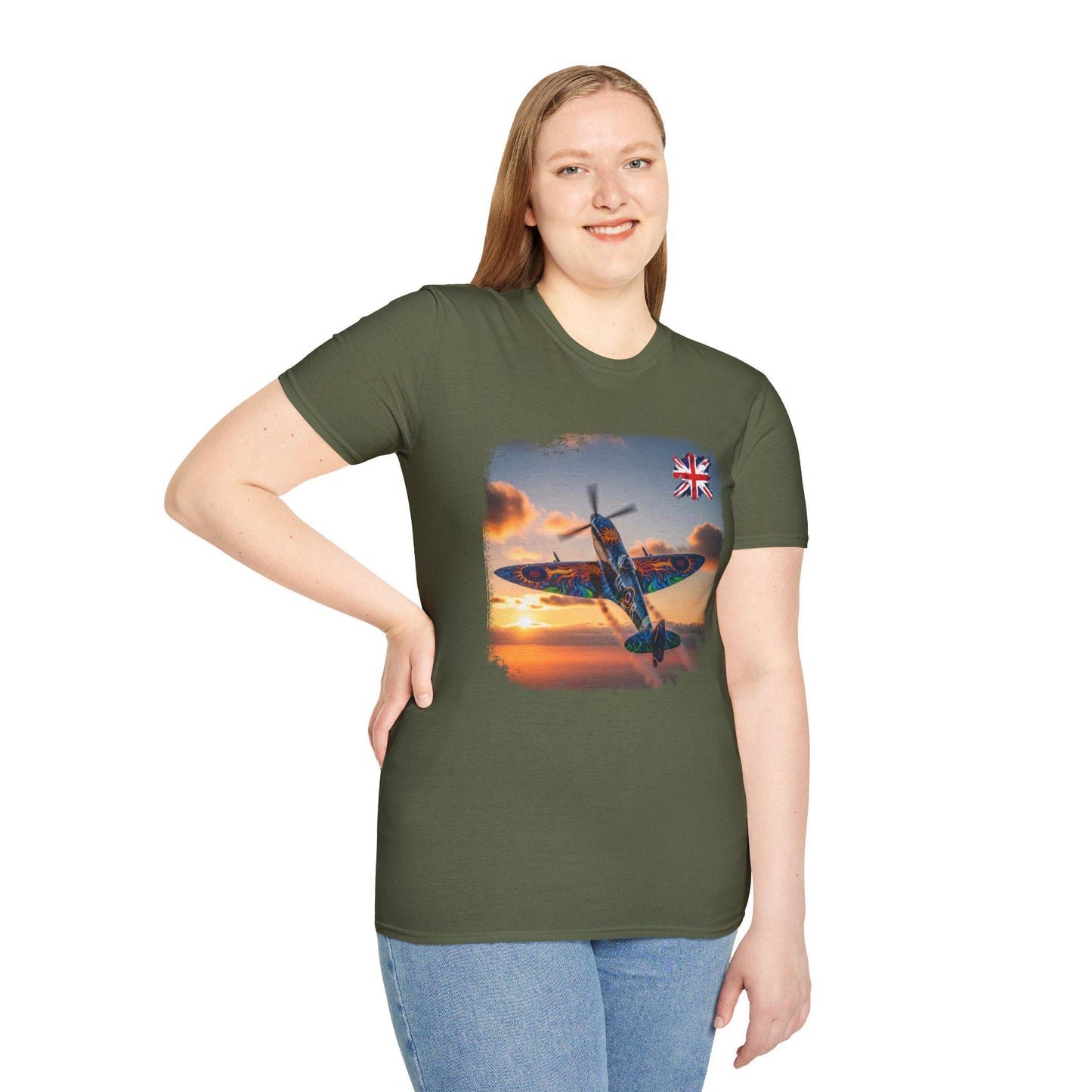 Spitfire at Sunset T-Shirt | RAF Fighter Plane, British Flag